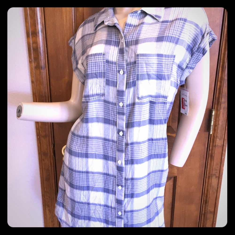 NWT! Treasure & Bond Tunic Shirt Shift Dress Size Small Blue Ivory Plaid